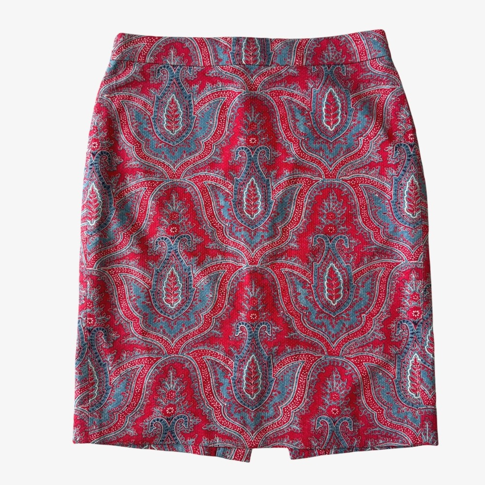 J.Crew No 2 Pencil Skirt Red Blue Paisley Cotton Pique sz 2 preppy academia bold